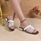 Pbong  womens Woven Thin Strap Slippers Summer New Square Toe Open Toe Cutout Breathable Non-slip Wear-resistant Low Heel Shoes