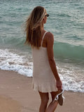 Fashion White Crochet Knit Ruffle Hem Mini Dress Women Sleeveless Backless Loose Sling Dresses Summer Holiday Beach Robes