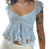 Fairy Coquette Tank Top y2k Women Sheer See Through V Neck Sleeveless Double Layered T Shirt Lace Vest Club Streetwear