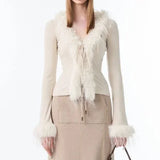 Y2k Aesthetic V-neck Jacket Women Korean Sexy Fashion Cardigan  Harajuku Vintage Bandage Fur Patchwork Coat Spring Chic