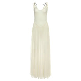 Sexy Solid Mesh V-neck Long Dresses Women Vintage Sleeveless Perspective Slim Party Dress Female Chic Street Evening Beach
