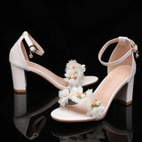Pbong  Fashion Summer Lace Flowers Pearls Ankle Strap Women Sandals Big Size 35-43 Thick High heels Sweet Girls Party Prom Shoes