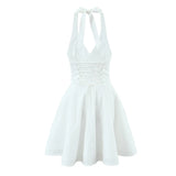 Pbong  Sexy Deep V Halter White Mini Dress Women Fashion Backless A-line Elegant Party Dresses Summer Robe Lace Up Vestidos