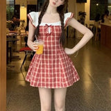 Pbong  Women Sweet Plaid Patchwork Mini Dress Ruffle Trim Bow Decor A Line Short Sleeve Dress For Daily Wear