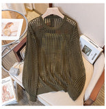 Women Mesh Top Oversized Long Sleeve T-shirts Crew Neck Loose Casual Knit Tees See-Through Openwork Knit Top Women Spring Summer
