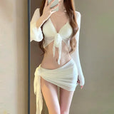 Bikini Set Women Sexy Swimsuit Chic Solid Four-Piece Halter Lace Up Female Swimwear New Fashion Korean Bathing Beachwear