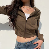 Casual Long Sleeves Pockets Cargo Coats Vintage Solid Slim Jackets Y2K Fashion Streetwear Aesthetic Zip Up Clothes