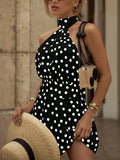 Pbong  Cream Polka Dot Halter Neck Mini Romper with Flared Skirt