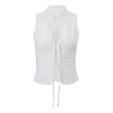 y2k Tank Top Women Summer Clothes White Flower Embroidery Mock Neck Front Cutout Sleeveless T Shirt Vest Streetwear