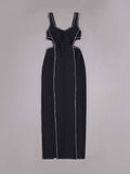 Sexy V-neck Hollow out Diamond Split Bandage Dress Elegant Black Sleeveless Crystal Long Bodycon Dress Celebrity Party Club Dres
