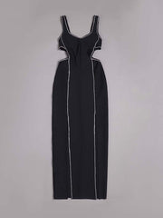 Sexy V-neck Hollow out Diamond Split Bandage Dress Elegant Black Sleeveless Crystal Long Bodycon Dress Celebrity Party Club Dres