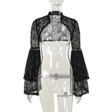 Y2K Gothic Black Lace Mesh See Through Flared Sleeve Smock Vintage Elegant Aesthetic Chains Women Fashion Tops Autumn