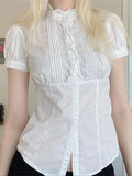 Women Shirts Elegant Short Sleeve Button Closure Solid Slim Fit Blouse Summer Y2K Tops