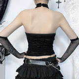 Gothic Halter Crop Top Women Vintage Cyberpunk Y2K Backless Ring Tank Top Sexy Harajuku O-Neck Bodycon Basic Tops