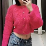 Flower Button Fuzzy Knit Sweater Cardigan Warm Fluffy Button-up Crop Sweater Jacket Knitwear Teen-girl Fall Winter Cute Outfit