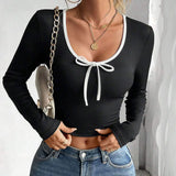 Autumn T-Shirts 2025 Women's Casual Plain Screw Thread Bowknot Long Sleeve Round-Neck Daily Basic T-Shirts