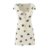 2025 New Summer Flocking Flower Sweet Chic Tight Dress Square Collar Retro Short Dress Double Layer Mesh Sweet Chic Women Dress