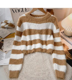 Fuzzy Knit Striped Sweater Pullovers for Women Soft Warm Long Sleeve Crew Neck Crop Knit Top Y2k Teen-girl Autumn Winter Outfit