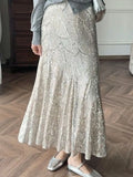 Silver Sequin A-line Fishtail Skirt Vintage Skirts for Woman Long Dress Korean Fashion Y2k Clothing Faldas Para Mujeres