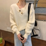V-neck Knit Pullover Women Slouchy Long Sleeve Drop Shoulder Sweater with Buttoned Strap Cozy Knitwear Autumn Winter Chic Outfit
