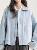 Blue Cargo Jacket Women Sweet Preppy Style Long Sleeve Retro Coat Casual Patchwork Turn Down Collar Korean Fall Outwear Top