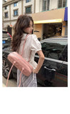 Women French Gentle Style Fungus Edges O-neck Puff Short-sleeved Shirts Summer Lace-up Bow Waist Slimming Single Breasted Blouse