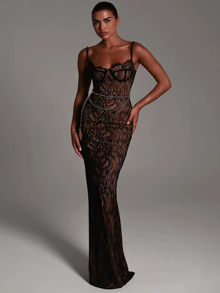 Elegant Lace Print Maxi Dress For Women Spaghetti Strap Sleeveless Backless Bodycon Club Party Sexy Evening Dress