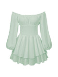Pbong  Women's Loose Playsuit Puff Long Sleeve Square Neck Ruffle Short Romper Dress Spring Fall Casual Elegant Overalls