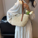 Bohemian Straw Tote Bag with Brown Faux Leather Straps Inner Pouch Spacious Woven Shoulder Purse for Vacation Casual Outings