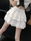 Pbong  Cute Bow White Skirts Women Sweet High Waist Lace Patchwork Mini Skirt Korean Fashion Preppy Style Lady Elegant Cake Skirts