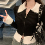 Y2K Zipper Front Rib Knit Top for Women Contrast Fuzzy Collared Zip-Up Sweater Crop Cardigan Autumn Winter Teen-girl 90s Outfit