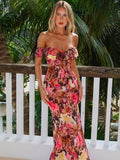 Spaghetti Strap Floral Print Sexy Maxi Dress Women Gown Fashion Off-shoulder Strapless Sleeveless Printed Long Dress