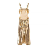 Gold Sequins Long Dress Slim Backless Square Collar Fashion Summer Women Dress Sleeveless 2025 New Sexy Party Eveing Dress