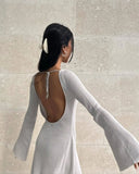 Stripe Knitted Slim Fitting Short Dress Sexy Flare Long Sleeve Backless Beach Dress Solid Color Casual Chic Vacation Robes Femme
