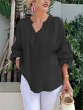 Pbong  Long Sleeve V Neck Button Blouses And Tops Daily Elegant Top Female Fashion Cotton Linen Solid Loose Shirts Women Summer Casual