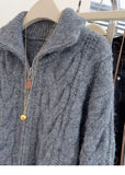 Women Autumn Winter New Lazy Style Loose Knitted Cardigan Retro Solid Color Double Zipper Turn-down Collar Sweater New Women Top