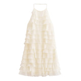 Stacked Decorative Sleeveless Halter Neck Short Dress New Fashion Chic Beige Party Dress Backless Vacation Summer Dresses