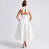 Elegant Sexy Evening Party Dresses Women Korean Style Halter V-neck Dress Sweet Backless Yellow Summer Solid Midi Dress