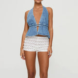 Pbong  Women's Y2K Summer Halter Neck Crop Tops Bow Tie-up Sleeveless Deep V-Neck Backless Solid Color Denim Flare Vest
