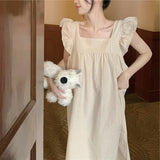 Pbong  INS Plaid Female Nightgown French Ruffled Court Style Long Nightdress Sleepwear Sleeveless Long Sleepshirt Sweet Homewear
