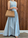 Korean Style round Neck Slim Fit Splice Pleated Maxi Dress Women's Sleeveless Dress Spring  Elegant Long Skirt