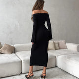 Simple Ribbed Knit Long Skirt Solid Color Slash Neck Chic Spring Autumn Women Dress Core Spun Yarn Fashion Slim Dresses 2025 New