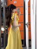 Pbong  Flying Sleeve Maxi Dresses for Women Korean New Square Collar Robe Femme Sweet Tunic Ruffles Summer Dress