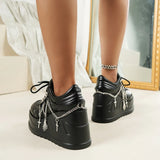 Pbong  10cm Pu Women Shoes Platform Wedge New Fashion Chunky Sneakers Casual Spring Autumn Chain Pumps Vulcanized Black