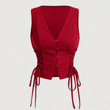 Vests Spring Summer French  Skinny Fit Single Breasted Lace-Up Sleeveless V-Neck Fashion Vests For Women