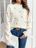 Women's Elegant Heart- Lace Trim Drop Shoulder Sleeve Round Neck Sweater - Soft Pullover with Delicate Lace Accents, All-Season