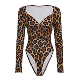 Pbong  Sexy Slim-Fitting Leopard Print Bodysuits Deep V-Neck Long Sleeve Rompers Women Autumn Spring Fashion Streetwear Ladies