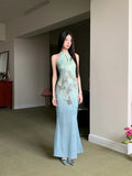 Butterfly Sleeveless Long Elegant Dresses For Woman Bodycon Halter Modest Maxi Ladies Mermaid Evening Dress Summer