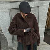 Elegant Women's Belt Suede Jackets Lace Up Lapel One Button Long Sleeve Coat 2025 Autumn Lady Vintage Loose Street Outwearrs