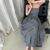 Vintage Plaid Dress Women Summer Korean Elegant Tube Top All-Match Midi Dress Y2K Folds Off Shoulder Holiday Beach Vestidos